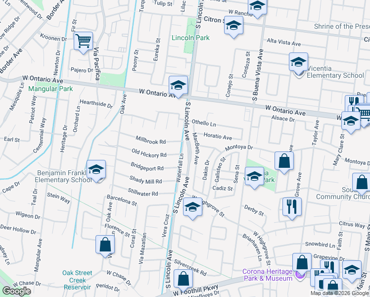 map of restaurants, bars, coffee shops, grocery stores, and more near 2463 Waterfall Lane in Corona