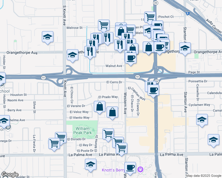 map of restaurants, bars, coffee shops, grocery stores, and more near 7486 El Centro Way in Buena Park