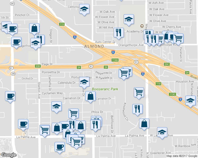 map of restaurants, bars, coffee shops, grocery stores, and more near 2776 West Parkdale Drive in Anaheim