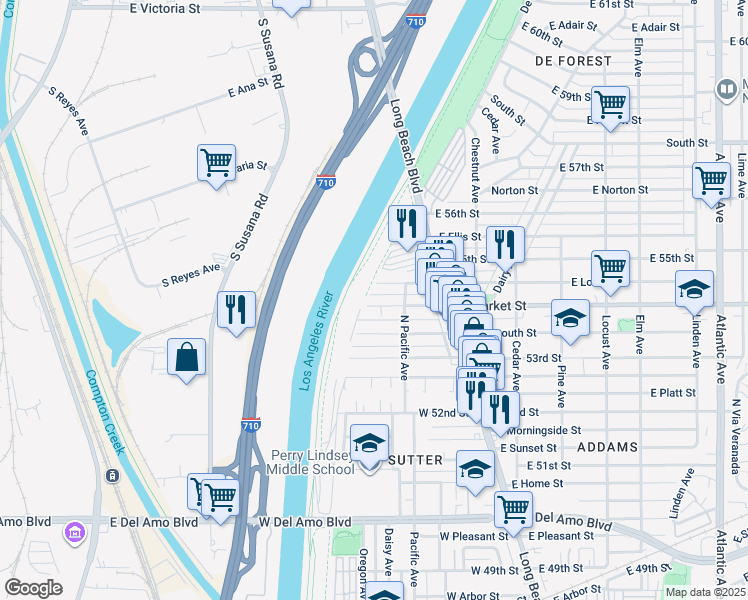 map of restaurants, bars, coffee shops, grocery stores, and more near 161 West Market Street in Long Beach