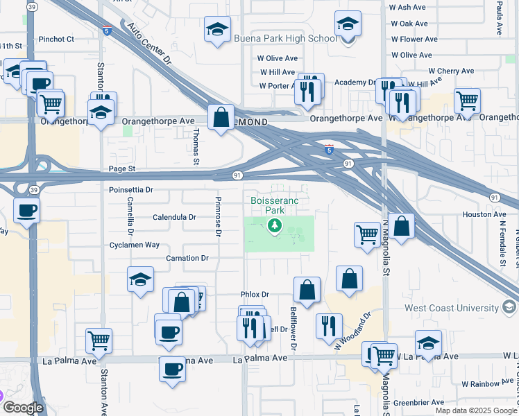 map of restaurants, bars, coffee shops, grocery stores, and more near 2776 West Parkdale Drive in Anaheim