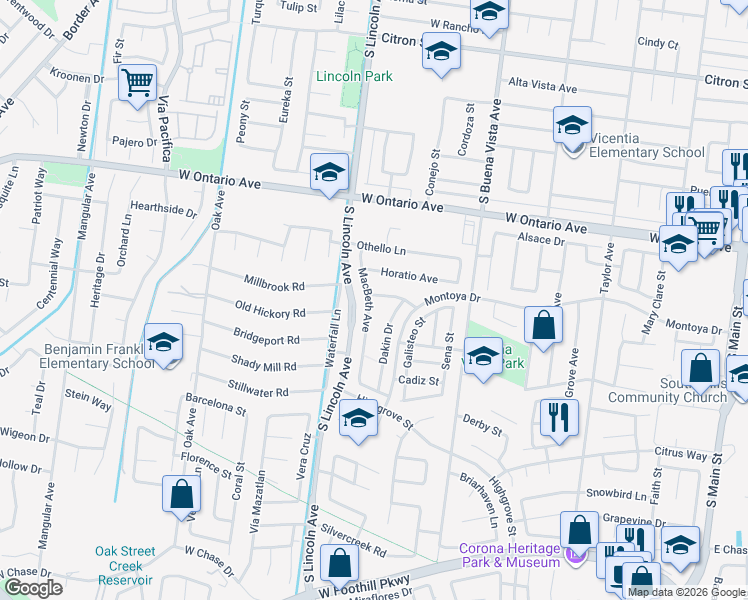 map of restaurants, bars, coffee shops, grocery stores, and more near 1059 Winthrop Drive in Corona