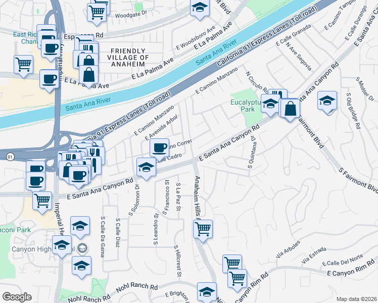 map of restaurants, bars, coffee shops, grocery stores, and more near 6088 East Camino Correr in Anaheim