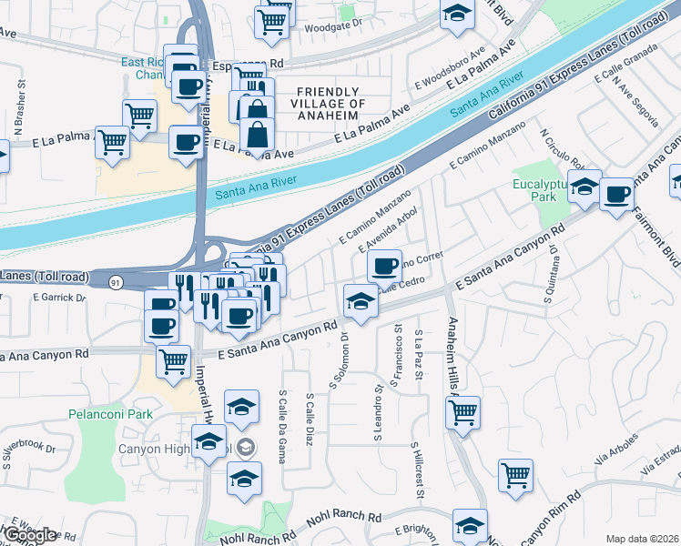 map of restaurants, bars, coffee shops, grocery stores, and more near 270 North Rose Blossom Lane in Anaheim