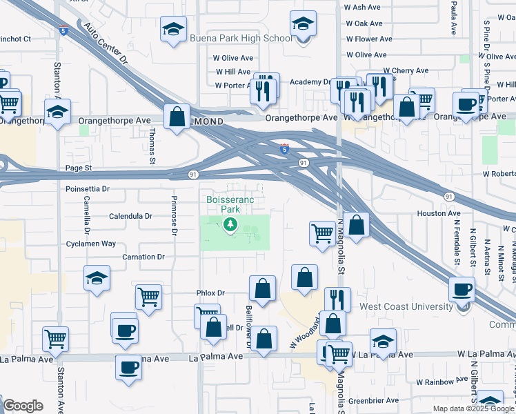 map of restaurants, bars, coffee shops, grocery stores, and more near 1432 North Parkhaven Drive in Anaheim