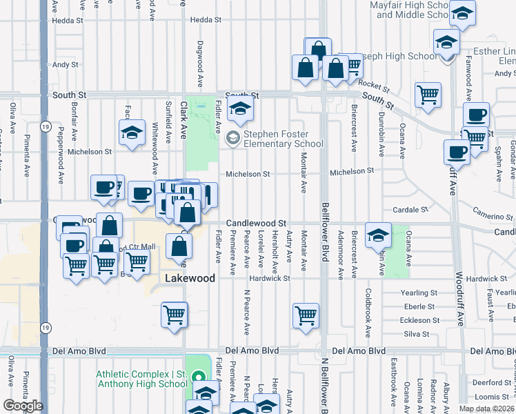 map of restaurants, bars, coffee shops, grocery stores, and more near 5404 Pearce Avenue in Lakewood