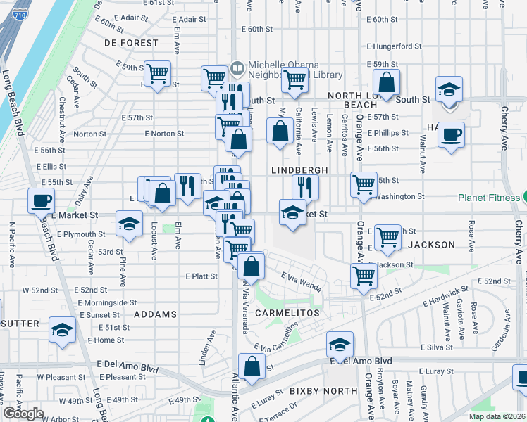 map of restaurants, bars, coffee shops, grocery stores, and more near 5430 Lime Avenue in Long Beach