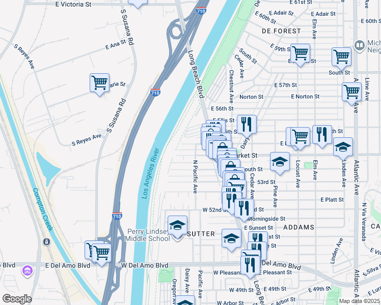 map of restaurants, bars, coffee shops, grocery stores, and more near 60 West Louise Street in Long Beach