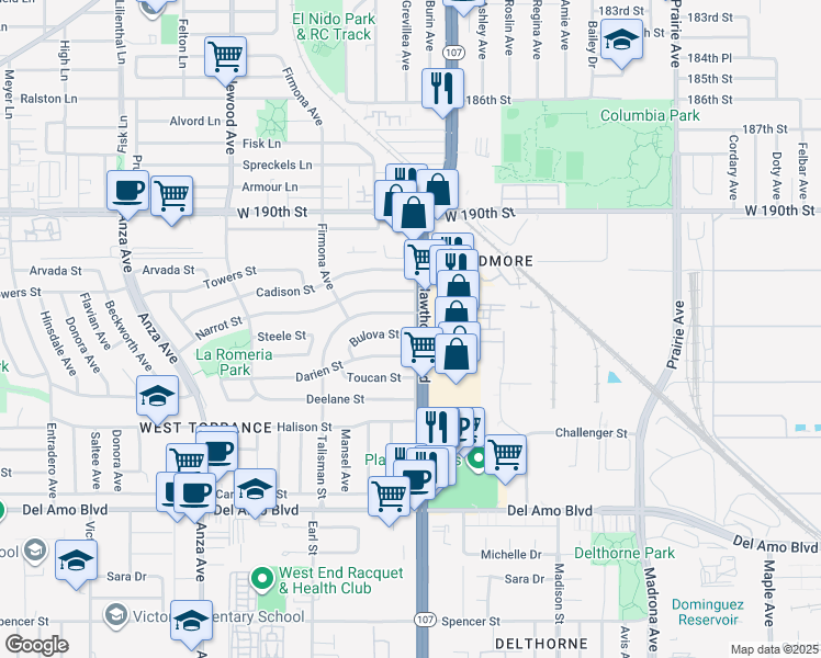 map of restaurants, bars, coffee shops, grocery stores, and more near 4507 Talisman Street in Torrance