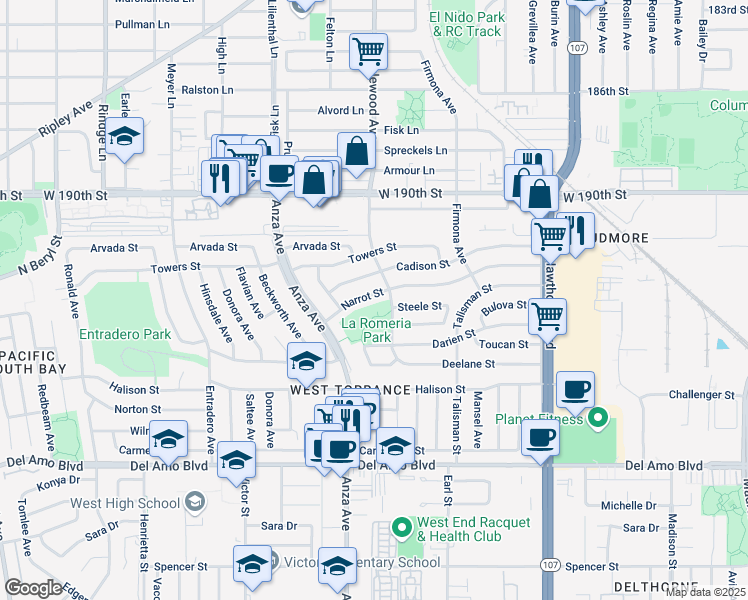 map of restaurants, bars, coffee shops, grocery stores, and more near 4739 Narrot Street in Torrance