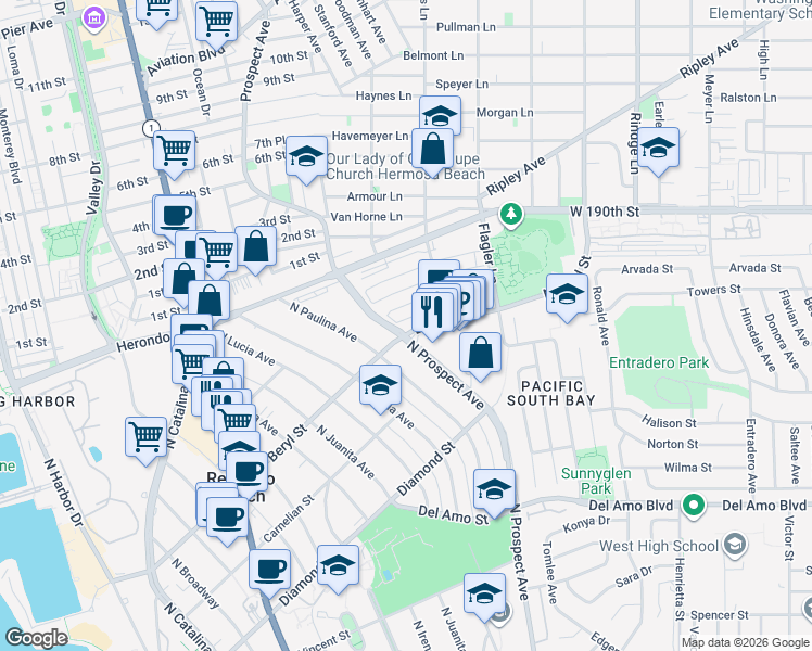 map of restaurants, bars, coffee shops, grocery stores, and more near 1216 Amethyst Street in Redondo Beach