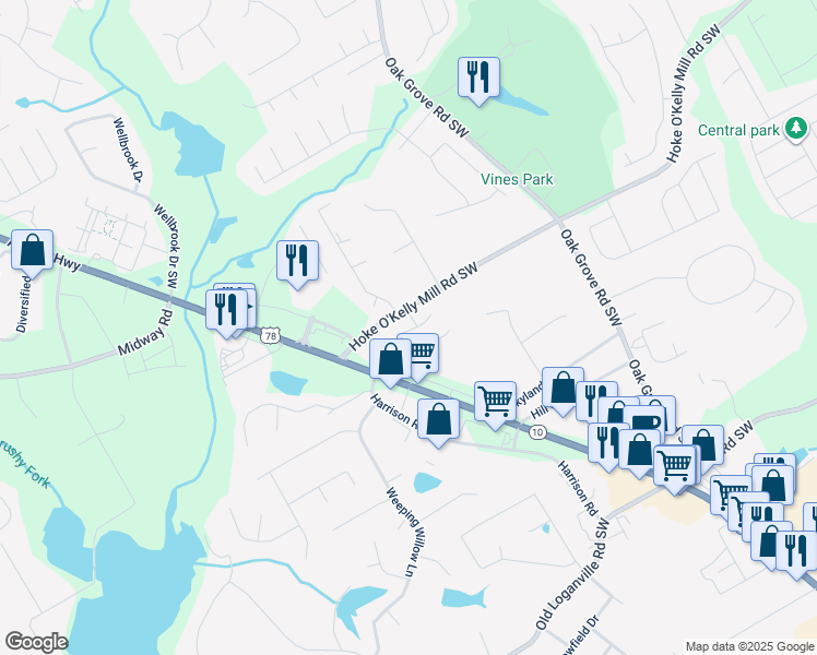 map of restaurants, bars, coffee shops, grocery stores, and more near 3637 Sweet Ashley Lane in Loganville