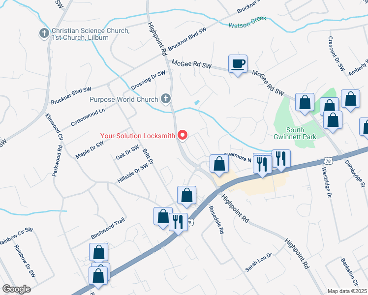 map of restaurants, bars, coffee shops, grocery stores, and more near 2159 Baywood Tree Lane Southwest in Snellville