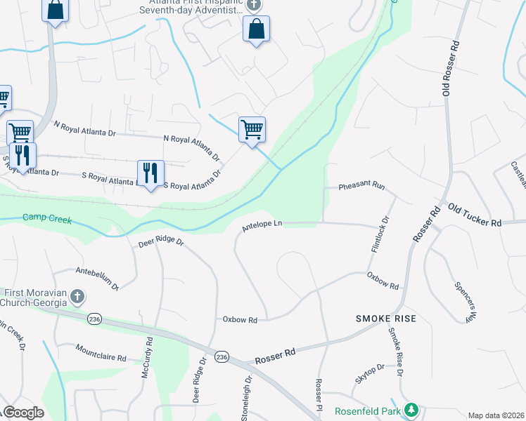 map of restaurants, bars, coffee shops, grocery stores, and more near 5236 Antelope Lane in Stone Mountain