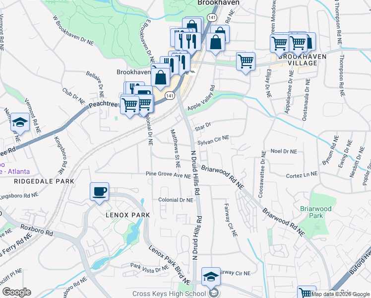 map of restaurants, bars, coffee shops, grocery stores, and more near 1203 Thornwell Drive Northeast in Atlanta
