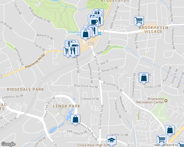 map of restaurants, bars, coffee shops, grocery stores, and more near 1188 Thornwell Drive Northeast in Atlanta