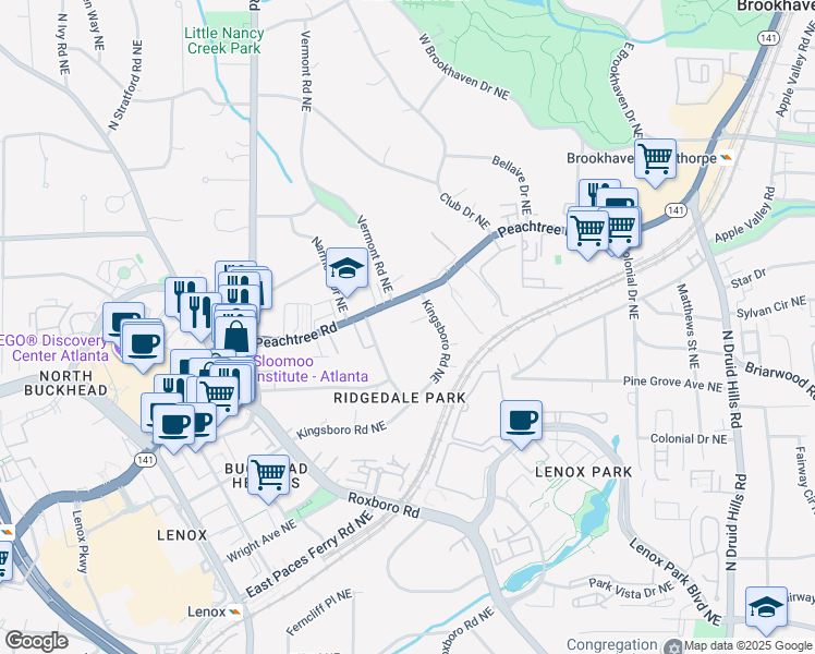 map of restaurants, bars, coffee shops, grocery stores, and more near 3707 Peachtree Road Northeast in Atlanta