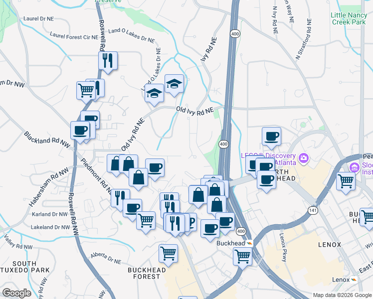 map of restaurants, bars, coffee shops, grocery stores, and more near 3652 Mayfair Road Northeast in Atlanta