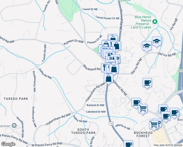 map of restaurants, bars, coffee shops, grocery stores, and more near 42 Blackland Road Northwest in Atlanta