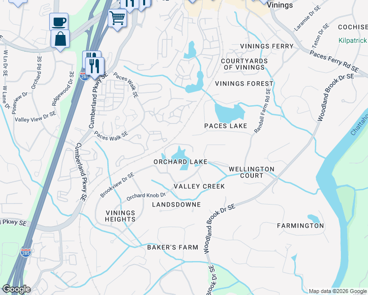 map of restaurants, bars, coffee shops, grocery stores, and more near 4109 Orchard Lake Court Southeast in Atlanta