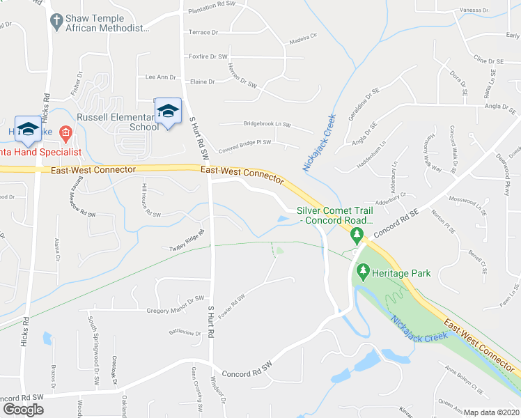 map of restaurants, bars, coffee shops, grocery stores, and more near 4064 Covered Bridge Road Southwest in Smyrna