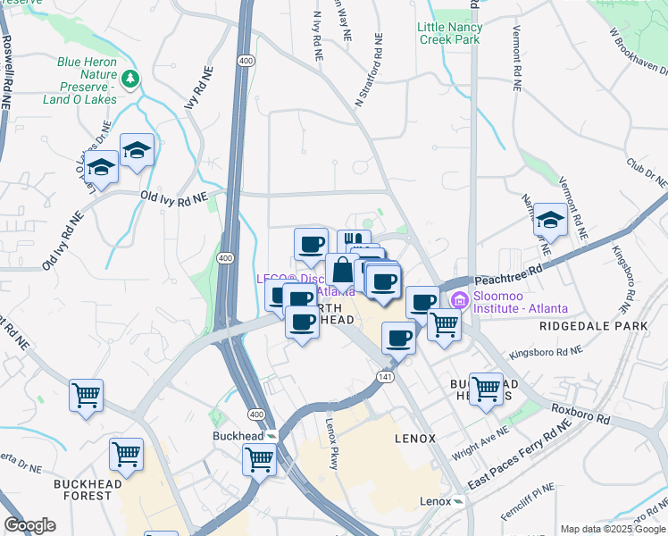 map of restaurants, bars, coffee shops, grocery stores, and more near 700 Park Regency Place Northeast in Atlanta