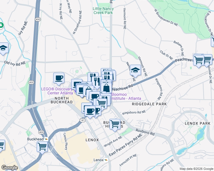 map of restaurants, bars, coffee shops, grocery stores, and more near 3630 Peachtree Road in Atlanta