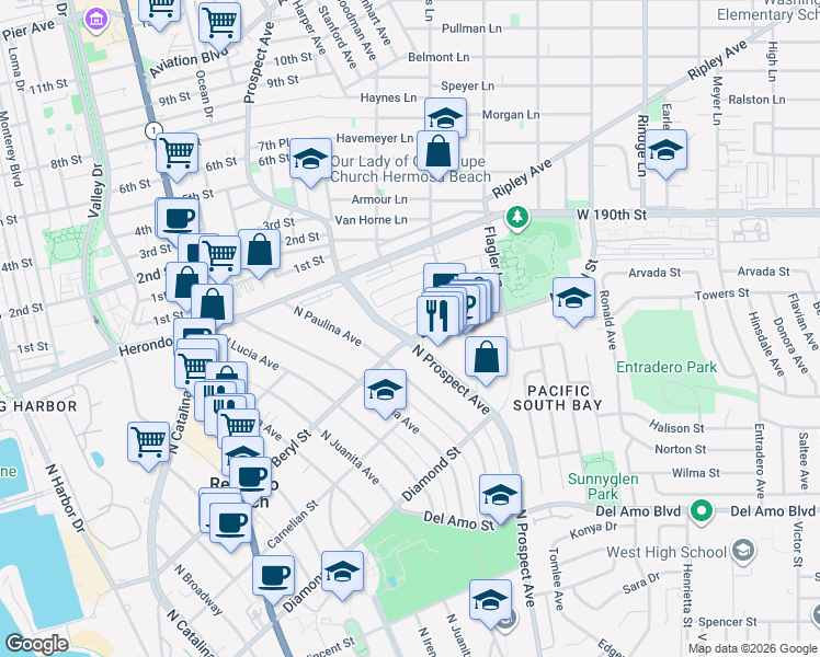 map of restaurants, bars, coffee shops, grocery stores, and more near 1216 Amethyst Street in Redondo Beach