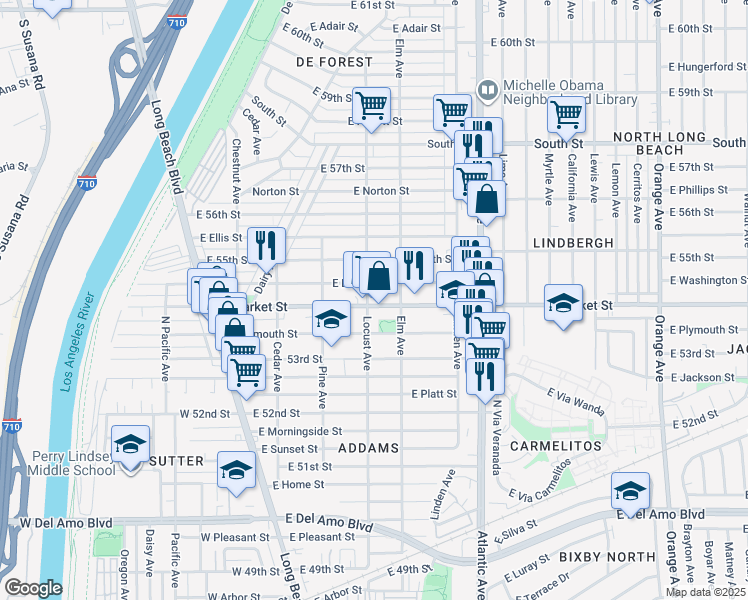 map of restaurants, bars, coffee shops, grocery stores, and more near 313 East Market Street in Long Beach