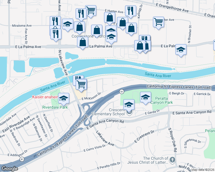 map of restaurants, bars, coffee shops, grocery stores, and more near 4858 East McKay Circle in Anaheim