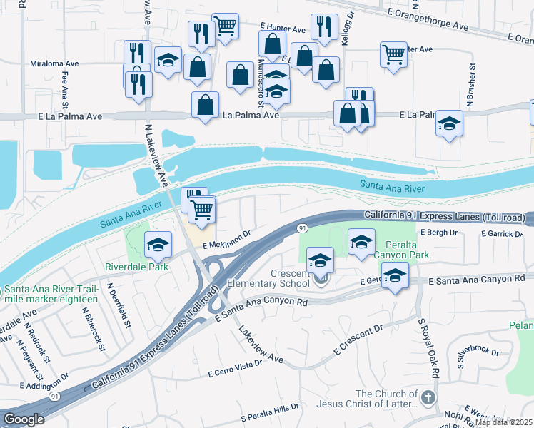map of restaurants, bars, coffee shops, grocery stores, and more near 4858 East McKay Circle in Anaheim