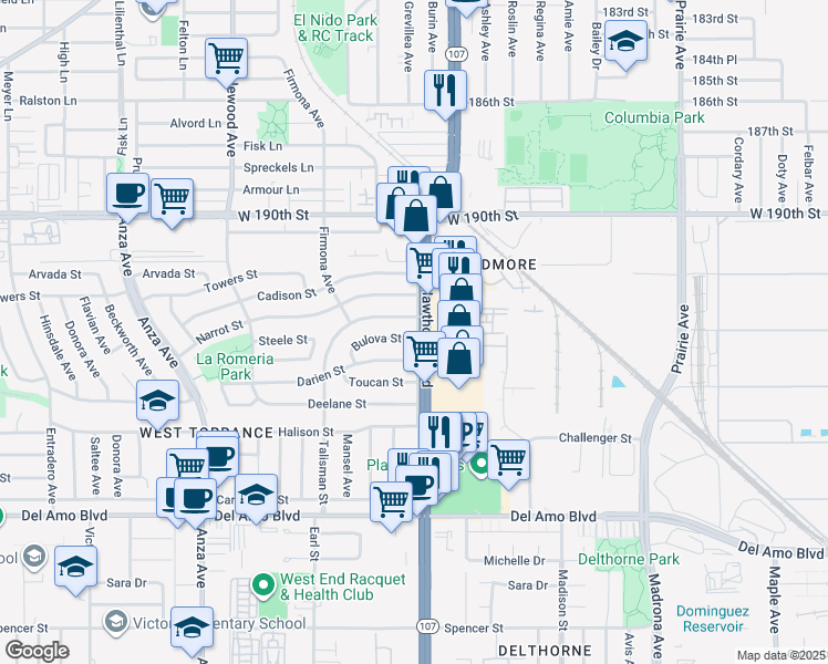 map of restaurants, bars, coffee shops, grocery stores, and more near 4507 Talisman Street in Torrance