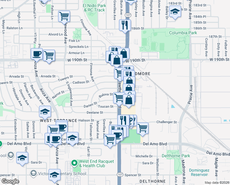 map of restaurants, bars, coffee shops, grocery stores, and more near 4507 Talisman Street in Torrance
