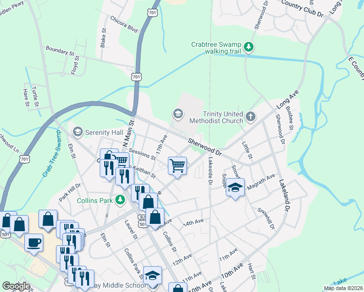 map of restaurants, bars, coffee shops, grocery stores, and more near 1611 Sherwood Drive in Conway
