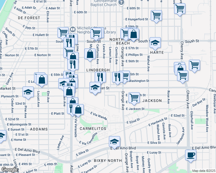 map of restaurants, bars, coffee shops, grocery stores, and more near 1065 East Market Street in Long Beach