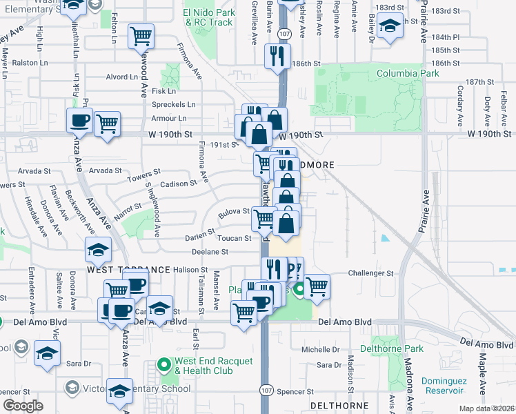 map of restaurants, bars, coffee shops, grocery stores, and more near 4503 Bulova Street in Torrance