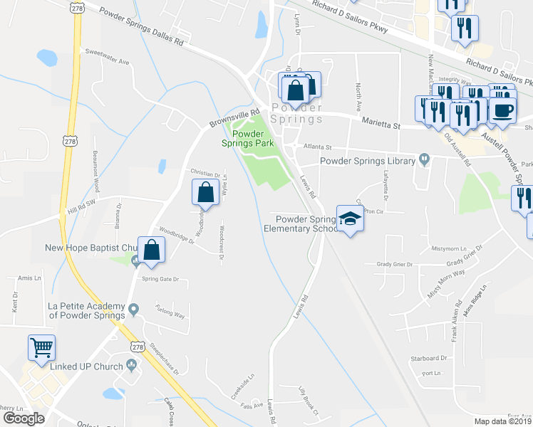 map of restaurants, bars, coffee shops, grocery stores, and more near 4516 Long Street in Powder Springs