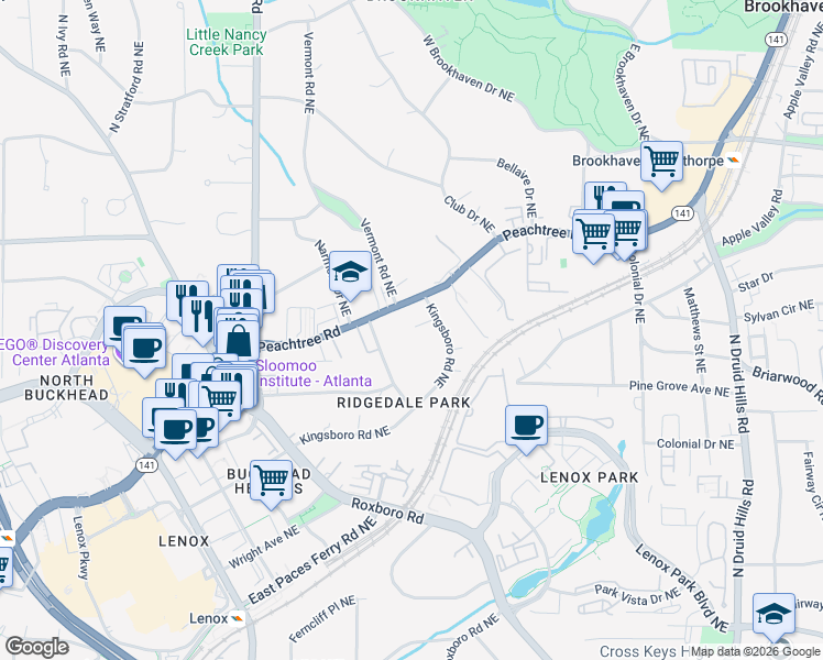 map of restaurants, bars, coffee shops, grocery stores, and more near 3707 Peachtree Road Northeast in Atlanta
