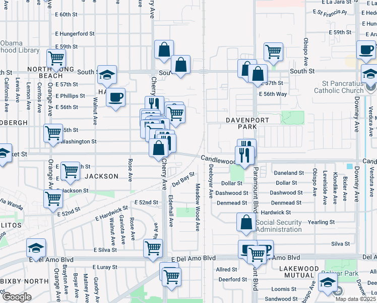 map of restaurants, bars, coffee shops, grocery stores, and more near 2301 East Market Street in Long Beach