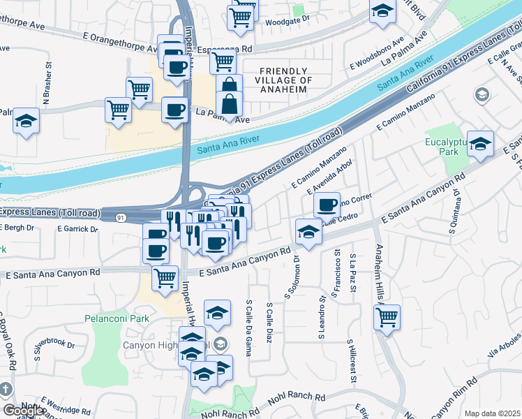map of restaurants, bars, coffee shops, grocery stores, and more near 5844 East Camino Manzano in Anaheim