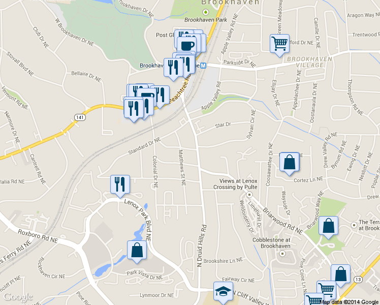 map of restaurants, bars, coffee shops, grocery stores, and more near 1203 Thornwell Drive Northeast in Atlanta