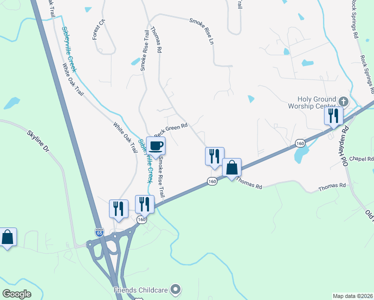 map of restaurants, bars, coffee shops, grocery stores, and more near 113 Sugar Maple Lane in Warrior