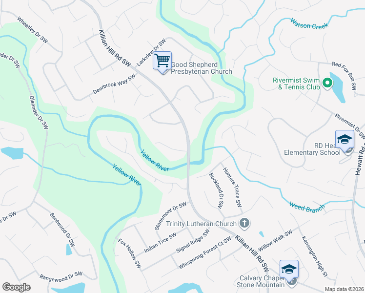 map of restaurants, bars, coffee shops, grocery stores, and more near 1544 Pathfinder Way Southwest in Lilburn
