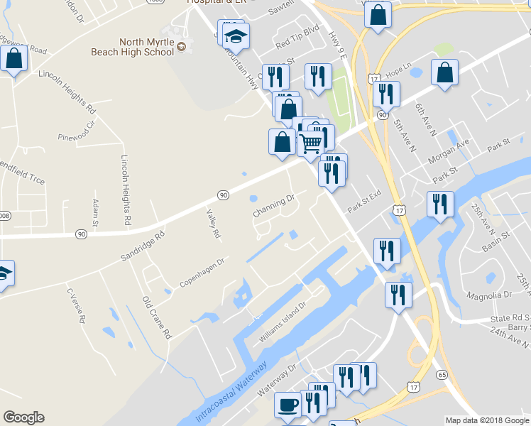 map of restaurants, bars, coffee shops, grocery stores, and more near 63 Channing Drive in Little River