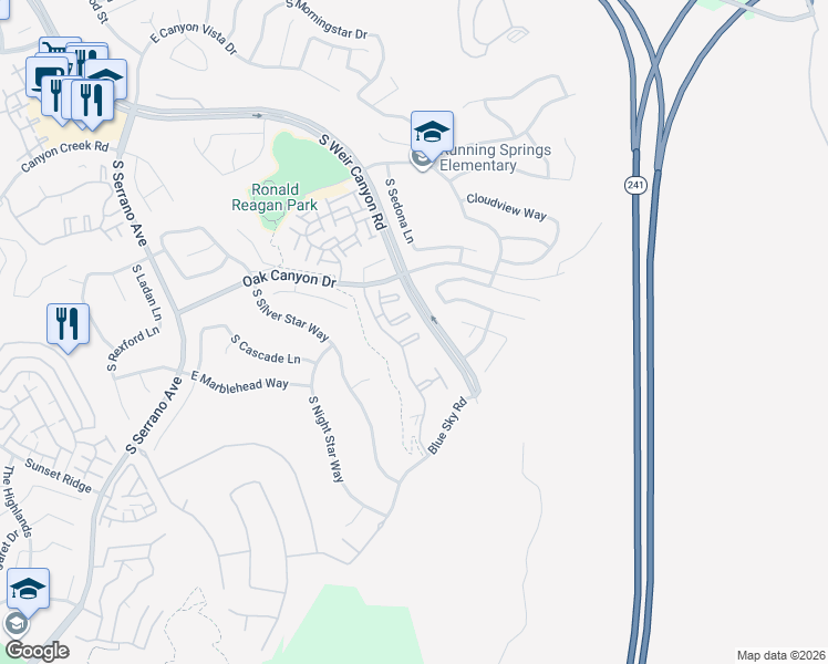 map of restaurants, bars, coffee shops, grocery stores, and more near 1026 South Country Glen Way in Anaheim