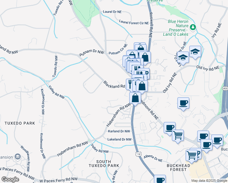 map of restaurants, bars, coffee shops, grocery stores, and more near 42 Blackland Road Northwest in Atlanta