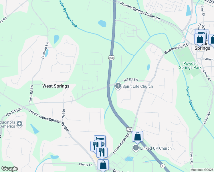 map of restaurants, bars, coffee shops, grocery stores, and more near 4998 Hill Road in Hiram