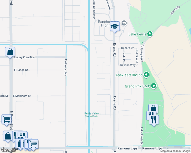 map of restaurants, bars, coffee shops, grocery stores, and more near E Oleander Ave in Perris