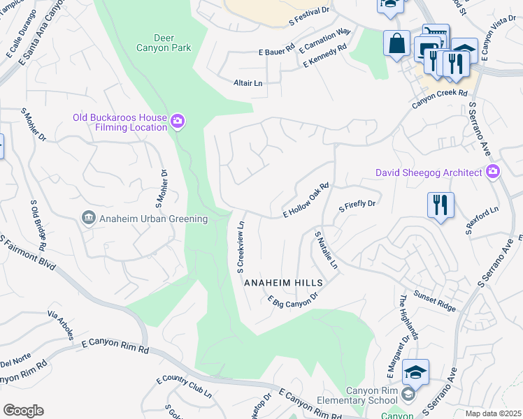 map of restaurants, bars, coffee shops, grocery stores, and more near 975 South Tristania Lane in Anaheim