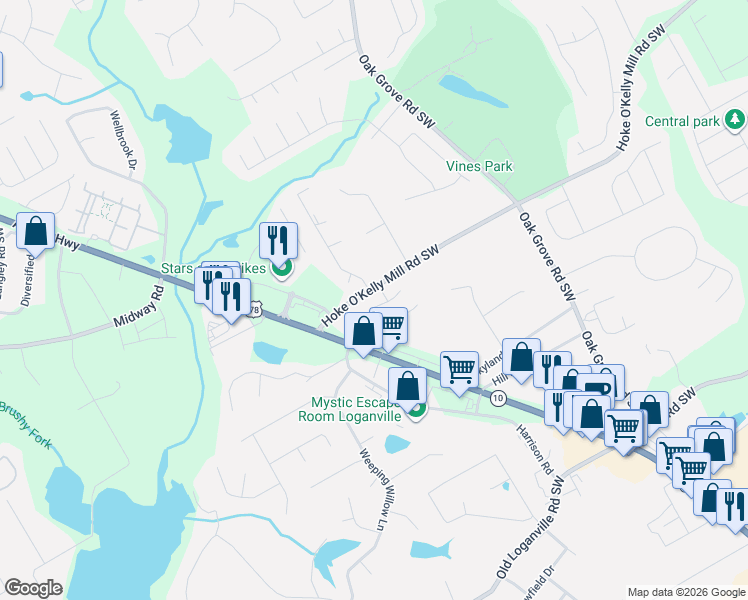 map of restaurants, bars, coffee shops, grocery stores, and more near 3607 Okelly Drive in Loganville